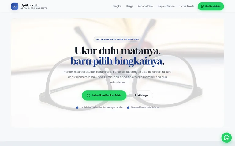 Pratinjau landing page optik dan kacamata buatan PorsLabs