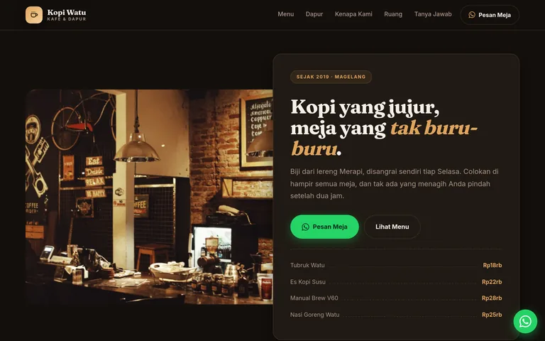 Pratinjau landing page kafe & restoran buatan PorsLabs