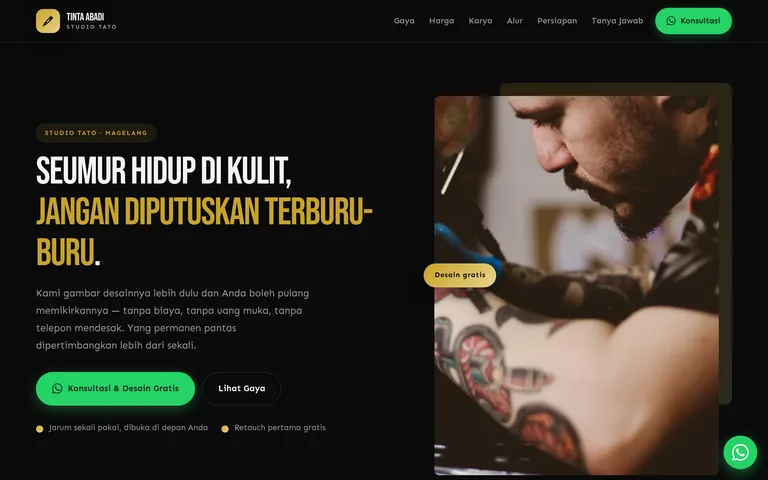 Pratinjau landing page studio tato buatan PorsLabs
